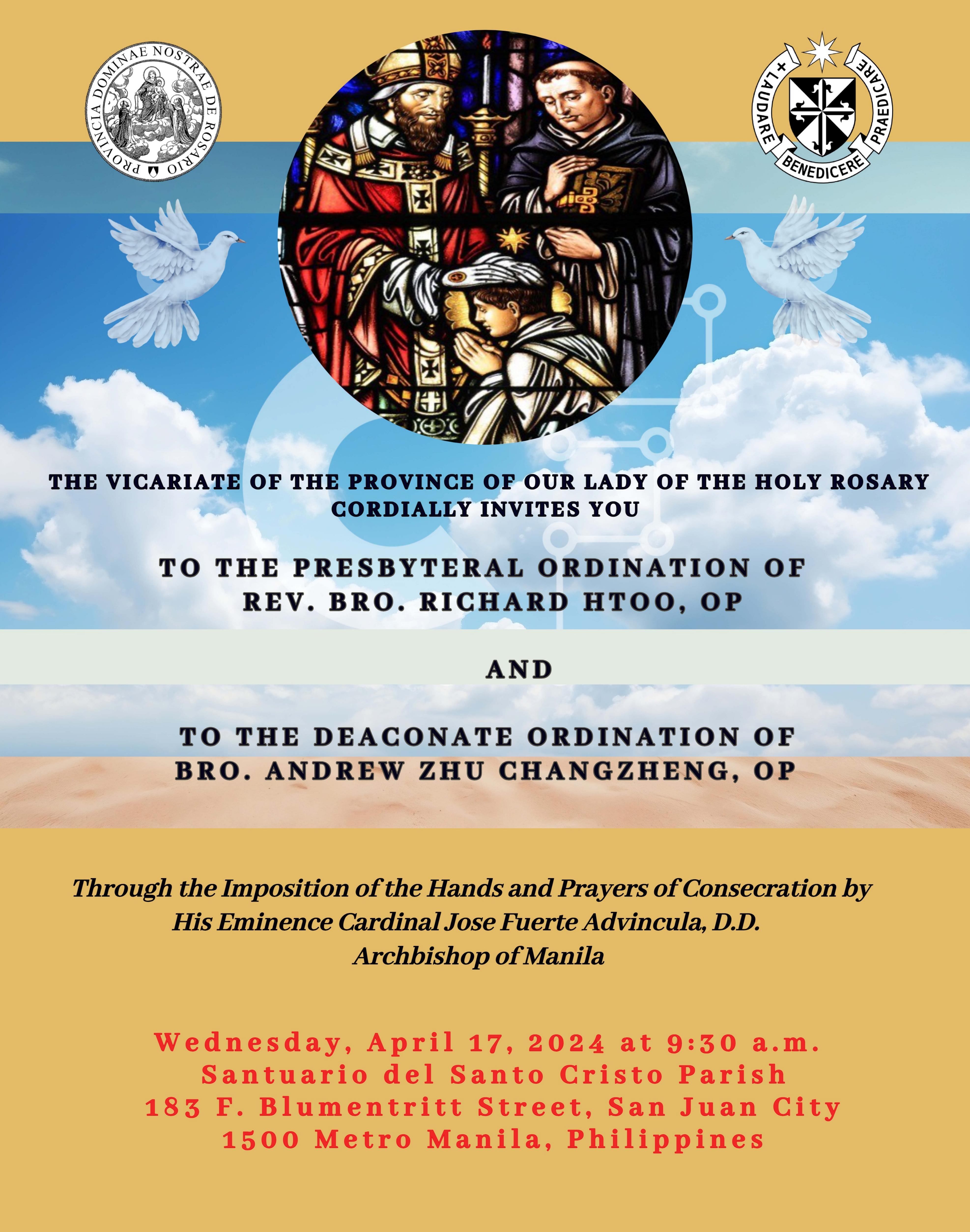 Invitation card for the ordinations of the brothers in the Philippines